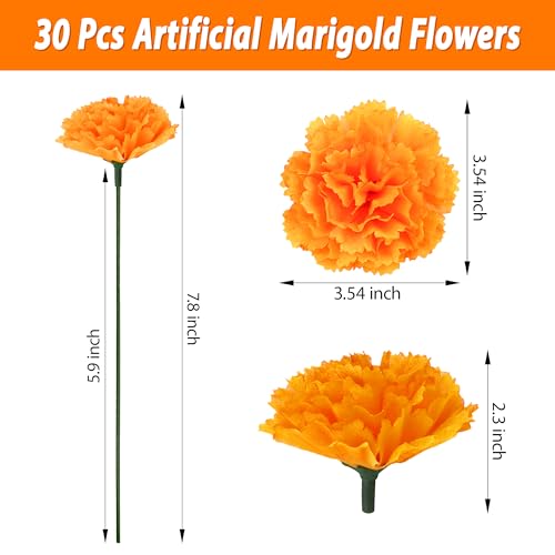 Artificial Marigold Flowers Set - 30 Pcs 3.54 Inch Orange Silk Flowers with Stems for Diwali Indian Wedding Home Decor, DIY Wreath Garland, Day of The Dead