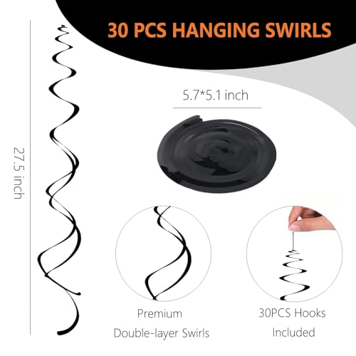 Black Hanging Swirl Party Decorations 30 Pack - Double Spiral Ceiling Streamers