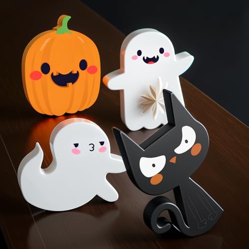Halloween Wooden Sign Set for Tiered Tray Decor - Ghost Pumpkin Cat