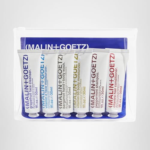 MALIN+GOETZ Best-Sellers Travel Kit | Six Everyday Essentials for Face, Body + Hair | Grapefruit Face Cleanser, Vitamin E Face Moisturizer, Peppermint Shampoo + More | Vegan, Travel-Friendly(6 x 1 oz)