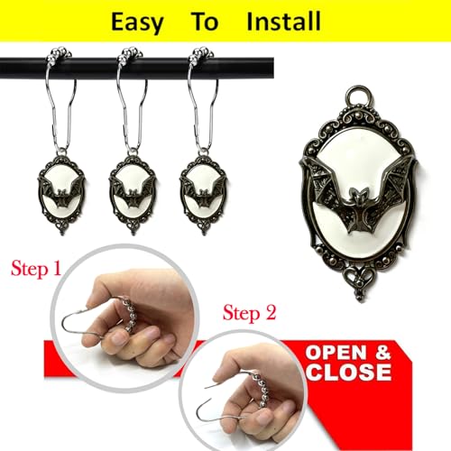 12-Pack Gothic Vampire Bat Shower Curtain Hooks Rings - White-Background Halloween Decor