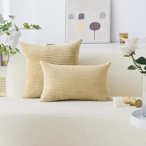 24x24 Inch Taupe Pillow Shams Set of 2 - Striped Corduroy Velvet European Throw Pillowcases for Bed Decor
