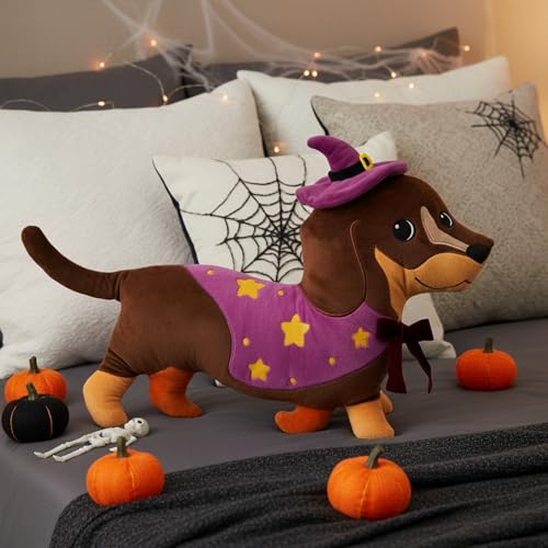 Halloween Dachshund Pillow - Dachshund Halloween Decor with Wizard Hat - 13.8 x 12.2 Inches - Halloween Dachshund Variation