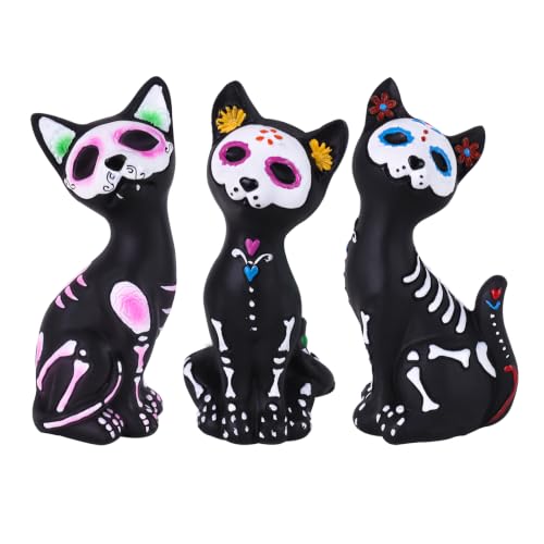 Day of the Dead Skeleton Cat Figurines Set - Halloween Decor, Resin Gothic Statues