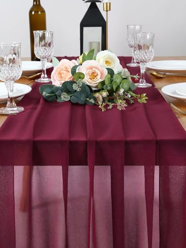 QueenDream Burgundy Chiffon Table Runner 27x120 Inch Long Sheer Wedding & Party Decor - 15 Pieces