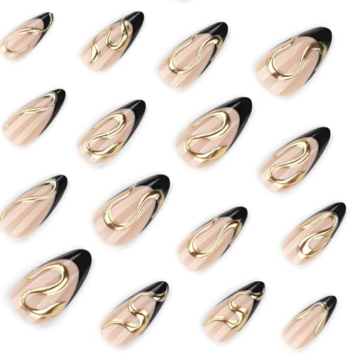Black French Tip Press On Nails Almond Stiletto - Nude Glossy Fake Nails A07-Black