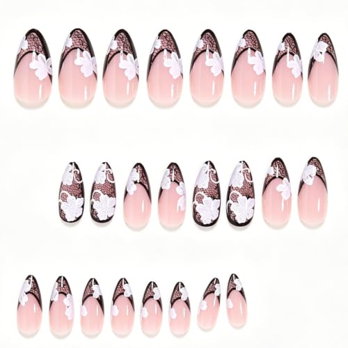 Black Lace French Tip Press-On Nails with White Flower Design - Lace Variation