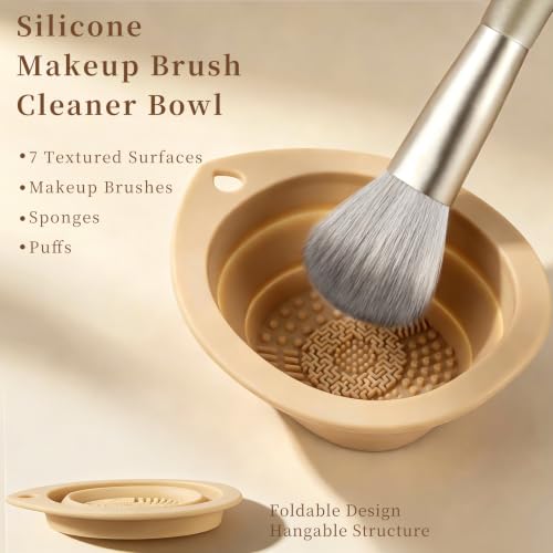 Champagne Real Perfection 14-Piece Makeup Brush Set with Silicone Cleaner & Powder Puff