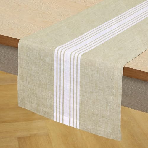 Linen Table Runner 14x120 Inch White & Khaki Striped - Farmhouse Decor - Handcrafted