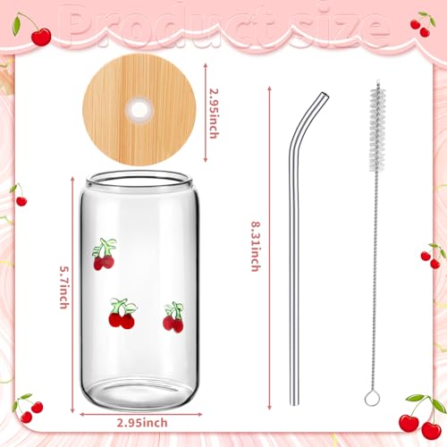 4-Pack Cherry Icon Glass Tumblers with Lid Straw & Brush - 17 oz Drinkware