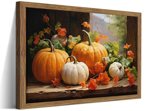 Halloween Pumpkin Wall Art Framed 16x12 Inch Autumn Harvest Decor with Wood Frame