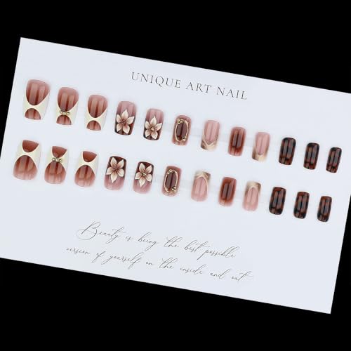 Fall Press on Nails Medium Square Fake Nails Brown Nails - Nails7-14