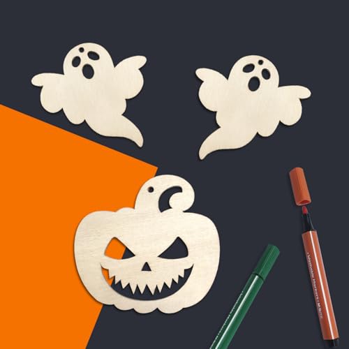Halloween Wooden Cutout Ornaments Set - Unfinished Ghost Pumpkin Witch Shapes