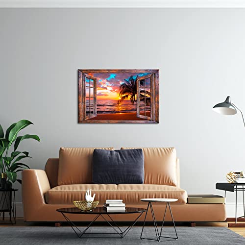 Hawaiian Sunset Ocean Canvas Wall Art - Tropical Seascape Decor 24x36 inch