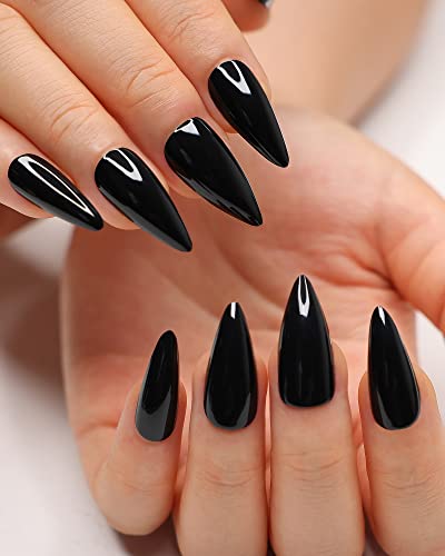 Morily 24Pcs Black Stiletto Press-On Nails Medium Length Almond False Nails for Women