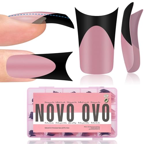 Medium Black French Tip Duck Nail Tips Set - 150pcs, Full Cover, Moon Curve, Soft Gel