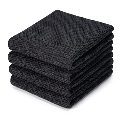 Kitchen Dish Towels 4-Pack Black Cotton Waffle Weave 13x28 Inches - Upgraded Absorbent & Durable