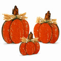 Rustic Fall Wooden Pumpkin Decor Set - 3 Pcs Tabletop Autumn Decorations - 4, 6, 8 Inches with Distressed Finish & Raffia Bows