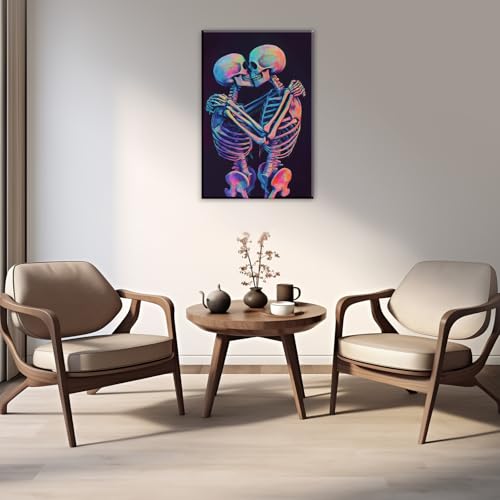 Skeleton Wall Art Kissing Skull Poster - Halloween Horror Decor 16x24 Framed Artwork Variation of Artwork-3