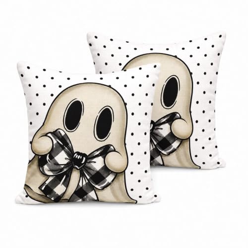 Halloween Pillow Covers 18x18 Set of 2 - Ghost & Pumpkin Farmhouse Decor - White / 18" x 18"