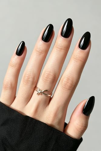 AzureBeauty Short Oval Press On Nails - Glossy Solid Black, 16 Sizes, Variation: Black