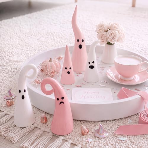 Pink Halloween Ceramic Ghost Decor Set - Witch Hat Shape, 5 Pieces