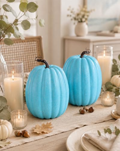 Vensovo 2 Pack 8-Inch Light Blue Faux Pumpkins for Fall & Holiday Decor - DIY Friendly