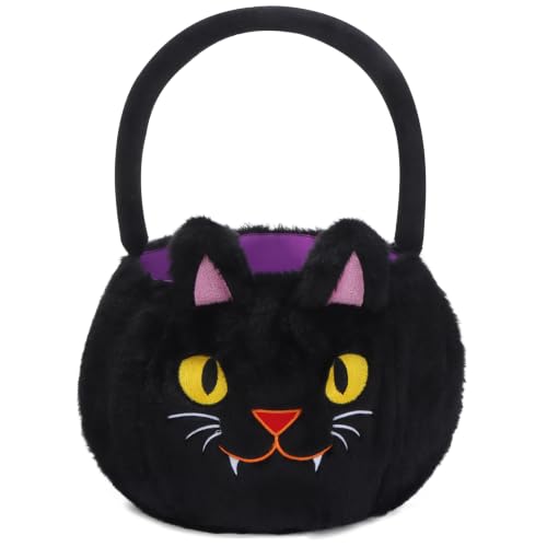Black Halloween Light Up Trick or Treat Basket - LED Glowing Plush Cat Candy Bucket
