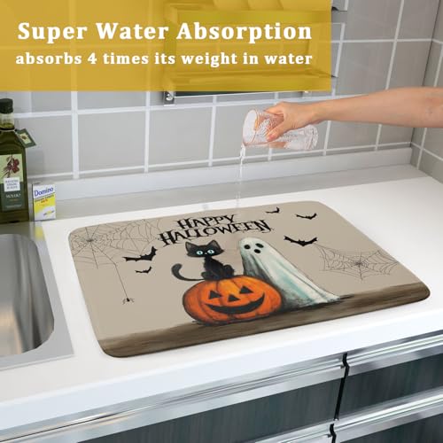Halloween Black Cat Dish Drying Mat 18x24 Inch - Ghost Pumpkin Spiderweb Pattern