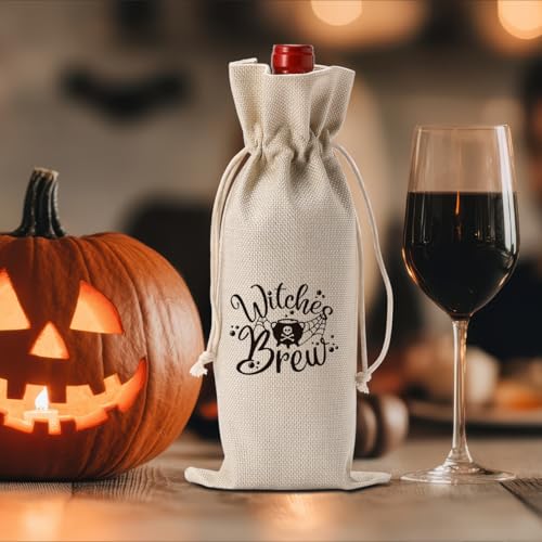 Halloween Wine Bag Brew - Witch Decor Gift Bag for Wine Lovers, Reusable Linen