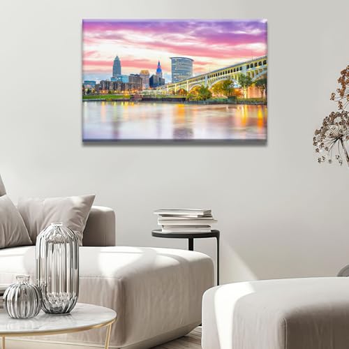 Cleveland Skyline Wall Art - Downtown Sunset Canvas Panel 36x24 Inches - Ready to Hang