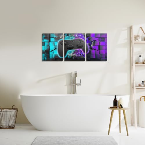 Gaming Canvas Wall Art Set - 3 Pieces Teal Purple Black Geometric Gaming Room Decor