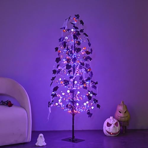5FT Lighted Halloween Tree with 518 LED Twinkle Lights and Ornaments - Indoor Outdoor Spooky Decor