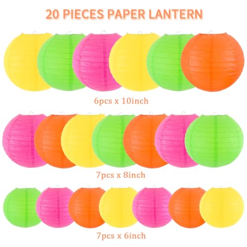 Neon Paper Lanterns Party Decorations - Set of 20 for Neon & Glow Parties