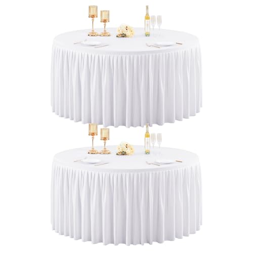 White 72 Inch Round Tablecloth - 2 Pack Wrinkle-Resistant Stretch Spandex Cover for Dining, Weddings, Parties