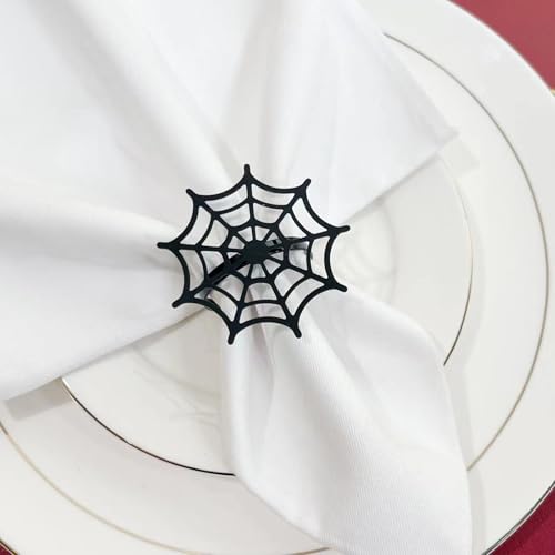 Halloween Black Spider Web Napkin Rings Set of 6 - Metal Table Decor