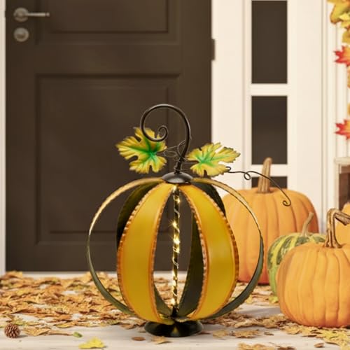 Outdoor Metal Pumpkin Decor - Fall Garden Decor, 9.3 Inch, Orange, Medium - Distressed Finish