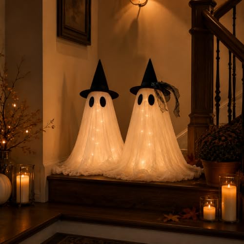 Medium 2-Pack Ghost Halloween Decor Set - USB Powered with Remote Lights