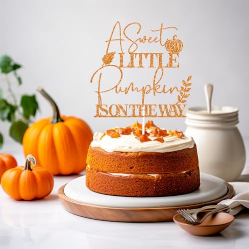 Fall Baby Shower Cake Topper - Orange Glitter Pumpkin & Leaves Decor