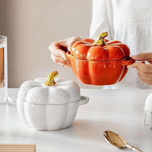 Orange Pumpkin Soup Bowl with Lid - 15.2oz Ceramic Halloween Dinnerware