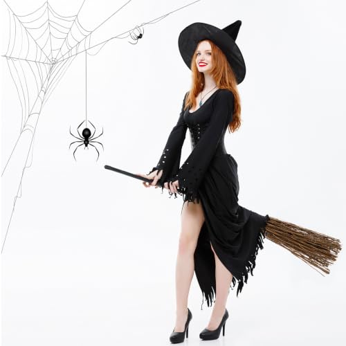 6 Pack Halloween Witch Brooms - Plastic & Branch Decor Props for Porch & Costume