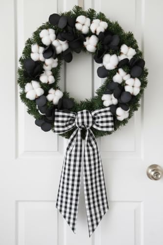 Black White Plaid Wreath Sash - Halloween Modern Wedding Party Bow Ribbon - Black White Variation