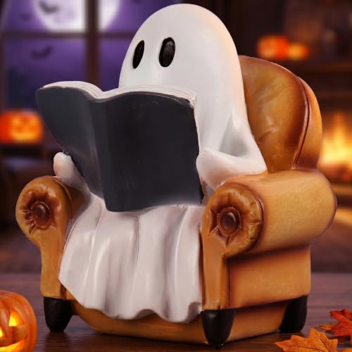Indoor Halloween Ghost Reading Book Figurine - Cozy Spooky Home Decor - Brown Variation