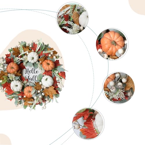 20-Inch Fall Wreath for Front Door - Autumn Maple Leaf Pumpkin Berry with Hello Fall Sign
