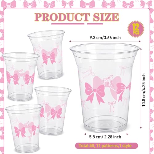 Pink Bow 12 oz Plastic Party Cups - Disposable Bow Theme Drinkware, Pack of 50
