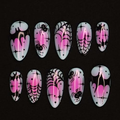 Halloween Press On Nails Set 24pcs Medium Almond Bat Spiderweb Style Nails with Glue & Stickers - Style Nails 14