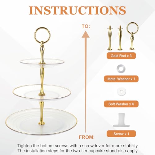 4 Pack 3-Tier Plastic Cupcake Stand Set with Gold Rim for Weddings & Parties