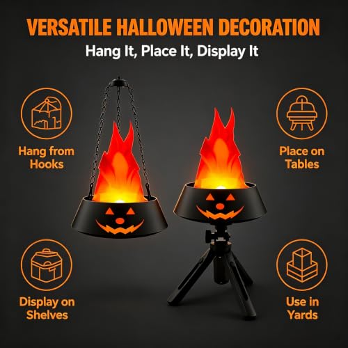Halloween Flame Lantern Black & Red Pumpkin Hanging Light - Reusable Flame Effect