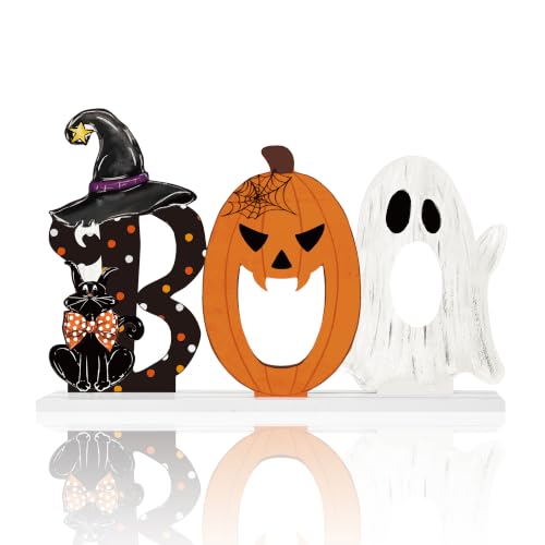 Smile Halloween Wooden Standing Decor Set Ghost Pumpkin Black Cat Letter Boo