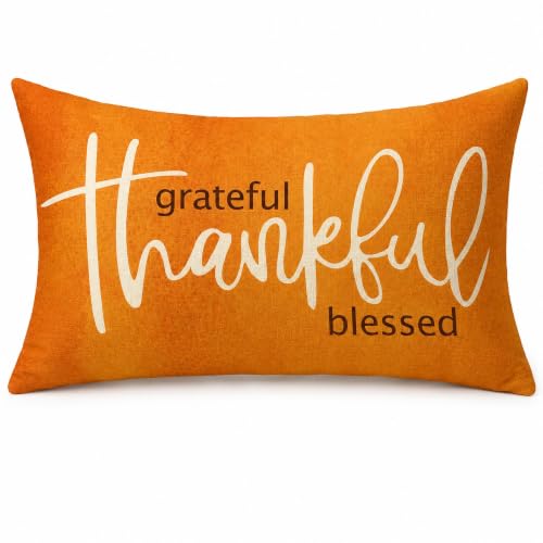 Thanksgiving Thankful Rectangle Lumbar Throw Pillow Cover - Orange, 12x20, Farmhouse Decor